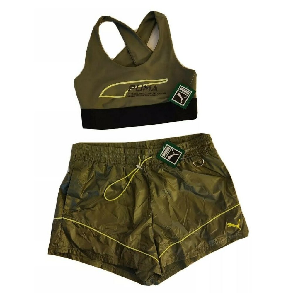 NWT Puma Womens Evide Workout Set Crop Top Bra Shorts Green